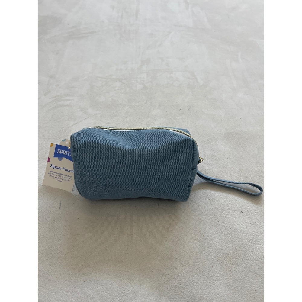 Spritz Blue Denim Zipper Pouch Makeup Bag with Detachable Wrist Strap NWT